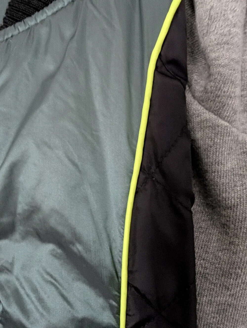 Men's Quilted Bomber Jacket in Deep Green with Grey Hoodie Layer